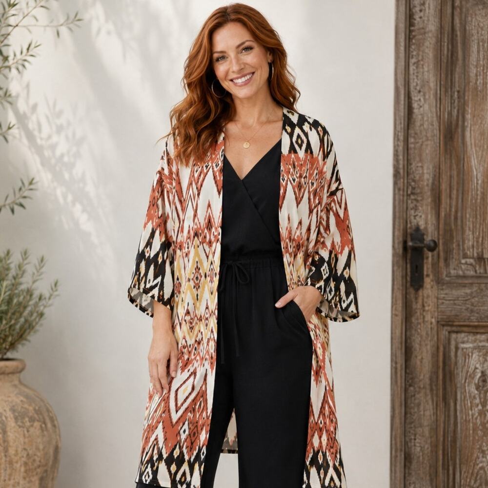 Evereve Mila Maxi Wrap Duster Kimono Womens Medium/Large Open Aztec Southwestern